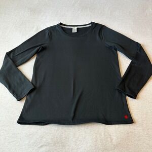 Lucky Brand Womens Black Fleece Lined Long Sleeve Top Crew Neck Clover Logo L